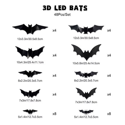 Halloween LED Bat Wall Decor 3D Black Bat Stickers Glowing Purple Lights Spooky Party Indoor Wall Decoration for Home Decoration