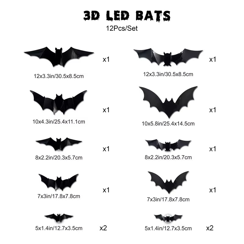 Halloween LED Bat Wall Decor 3D Black Bat Stickers Glowing Purple Lights Spooky Party Indoor Wall Decoration for Home Decoration