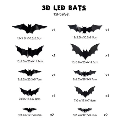 Halloween LED Bat Wall Decor 3D Black Bat Stickers Glowing Purple Lights Spooky Party Indoor Wall Decoration for Home Decoration