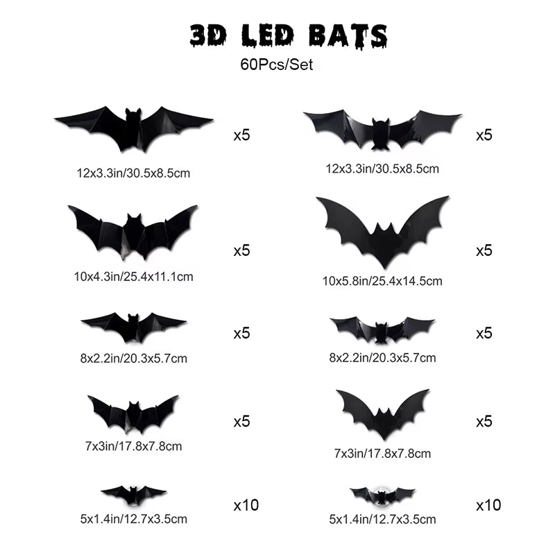Halloween LED Bat Wall Decor 3D Black Bat Stickers Glowing Purple Lights Spooky Party Indoor Wall Decoration for Home Decoration