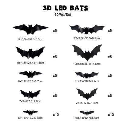 Halloween LED Bat Wall Decor 3D Black Bat Stickers Glowing Purple Lights Spooky Party Indoor Wall Decoration for Home Decoration