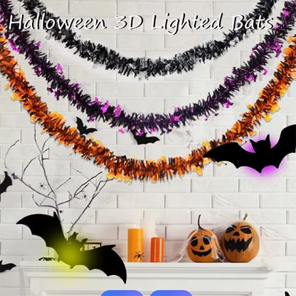 Halloween LED Bat Wall Decor 3D Black Bat Stickers Glowing Purple Lights Spooky Party Indoor Wall Decoration for Home Decoration