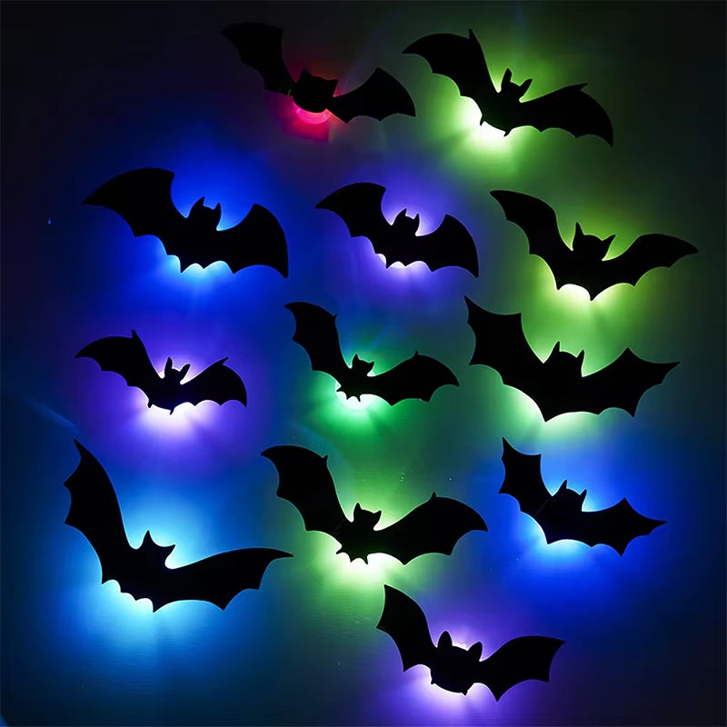 Halloween LED Bat Wall Decor 3D Black Bat Stickers Glowing Purple Lights Spooky Party Indoor Wall Decoration for Home Decoration