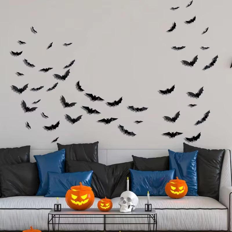Halloween LED Bat Wall Decor 3D Black Bat Stickers Glowing Purple Lights Spooky Party Indoor Wall Decoration for Home Decoration