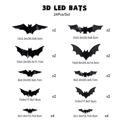 Halloween LED Bat Wall Decor 3D Black Bat Stickers Glowing Purple Lights Spooky Party Indoor Wall Decoration for Home Decoration