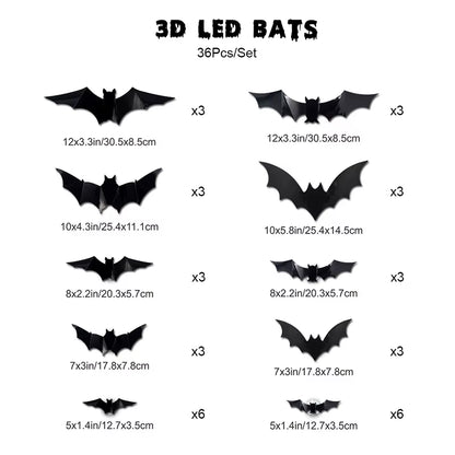 Halloween LED Bat Wall Decor 3D Black Bat Stickers Glowing Purple Lights Spooky Party Indoor Wall Decoration for Home Decoration